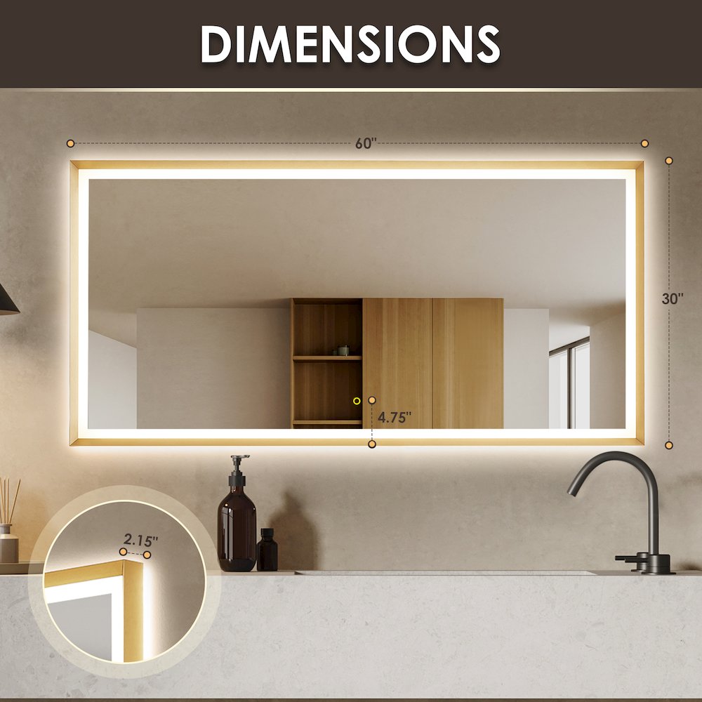 60"x30" Rectangular Wall Mirror in Brushed Gold Aluminum Framed. Picture 16