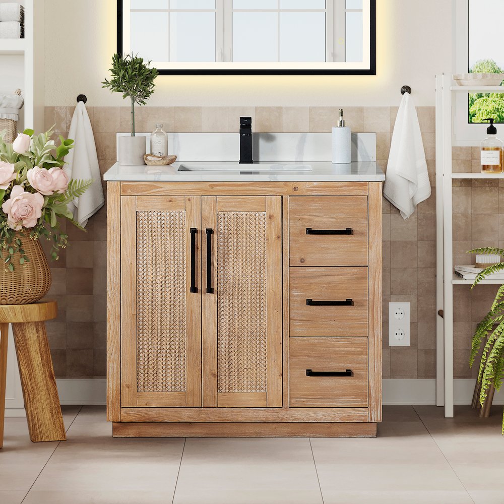 36" Single Bathroom Vanity with Calacatta White Quartz Countertop without Mirror. Picture 2