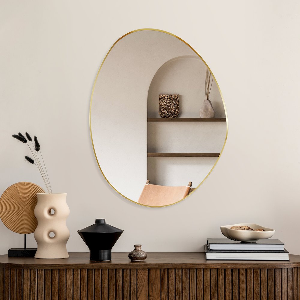 28"x36" Irregular Aluminum Framed in Brushed Gold Modern Bathroom Wall Mirror. Picture 6