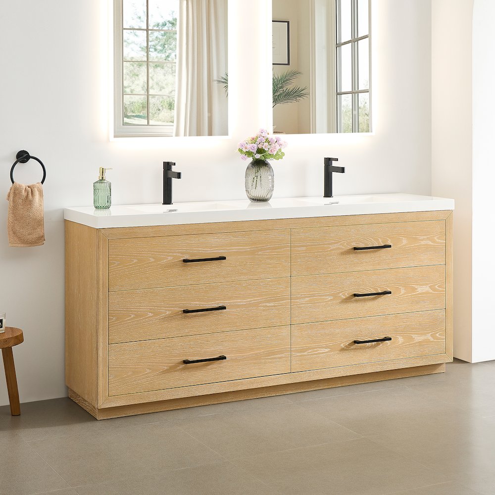 72" Double Bathroom Vanity in White Oak with White Artificial Drop-in Sink. Picture 3