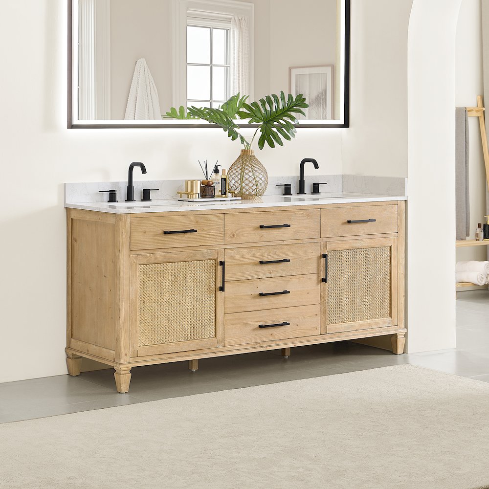 72" Double Bathroom Vanity in with Grain White Engineered Stone Countertop. Picture 3