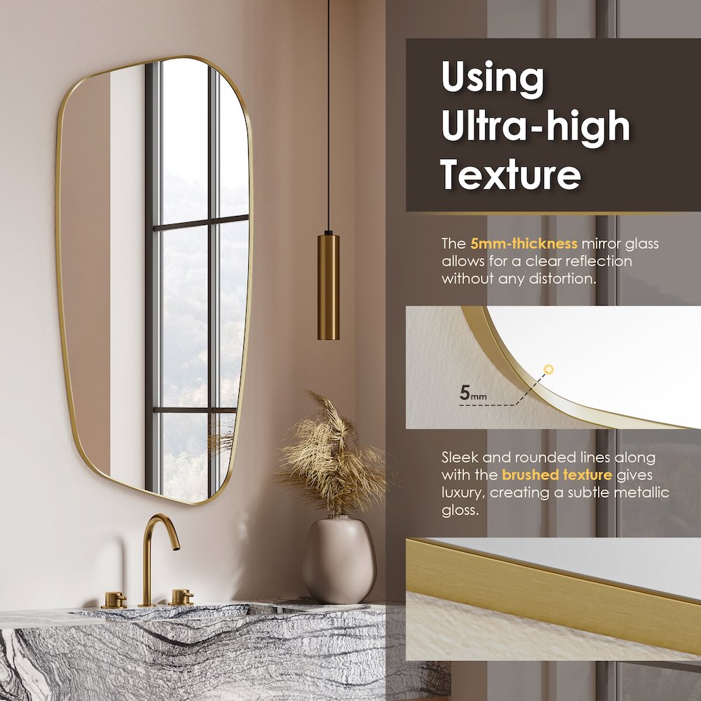 26"x48" Novelty Aluminum Framed in Brushed Gold Modern Bathroom Wall Mirror. Picture 9