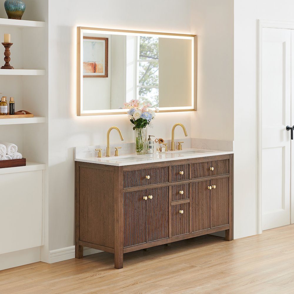 Double Bathroom Vanity in Brown Oak Grain White Engineered Stone Countertop. Picture 3