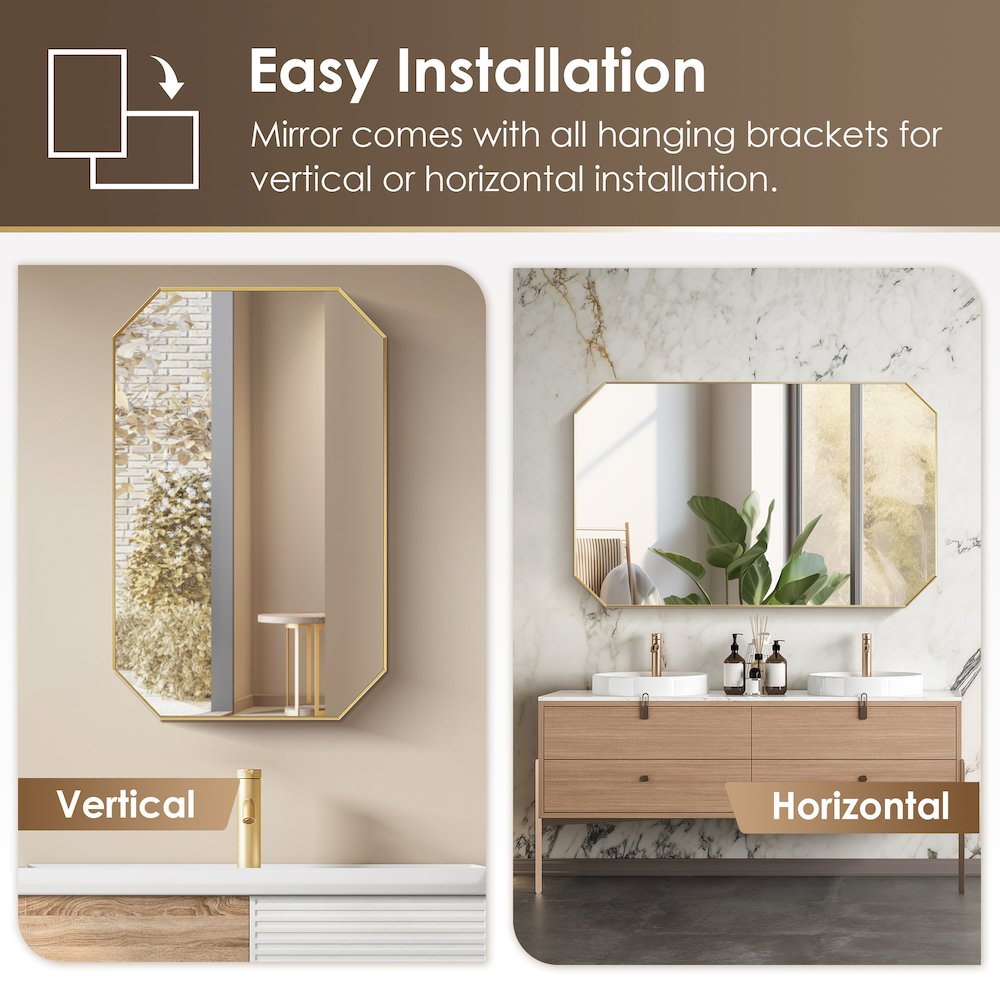 24"x36" Octagon Aluminum Framed in Brushed Gold Modern Bathroom Wall Mirror. Picture 13