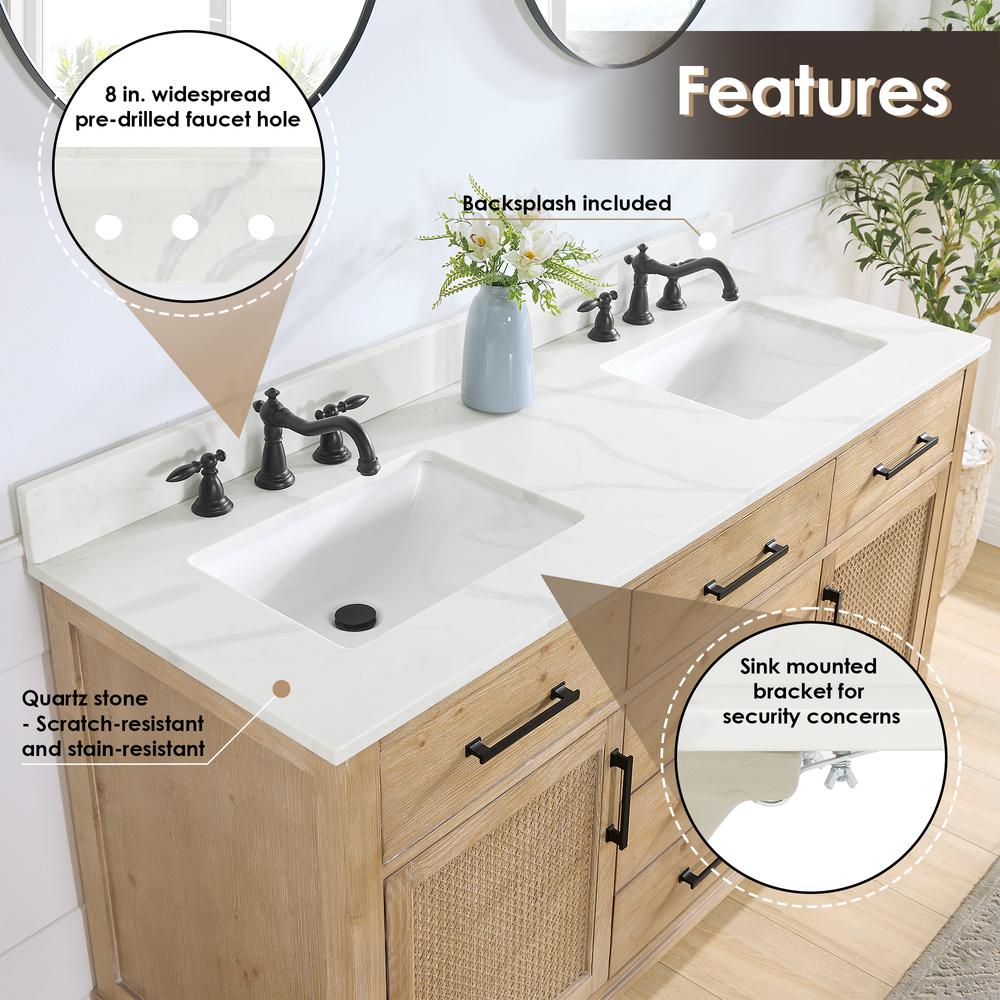 Arbios 60. in Quartz Stone Vanity Top in Calacatta White with White Sink. Picture 6