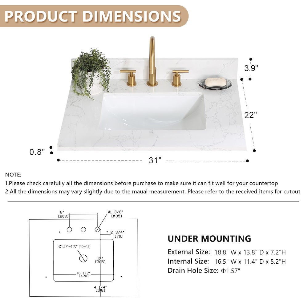 Ceres 31. in Engineered Stone Vanity Top in Grain White with Single White Sink. Picture 6