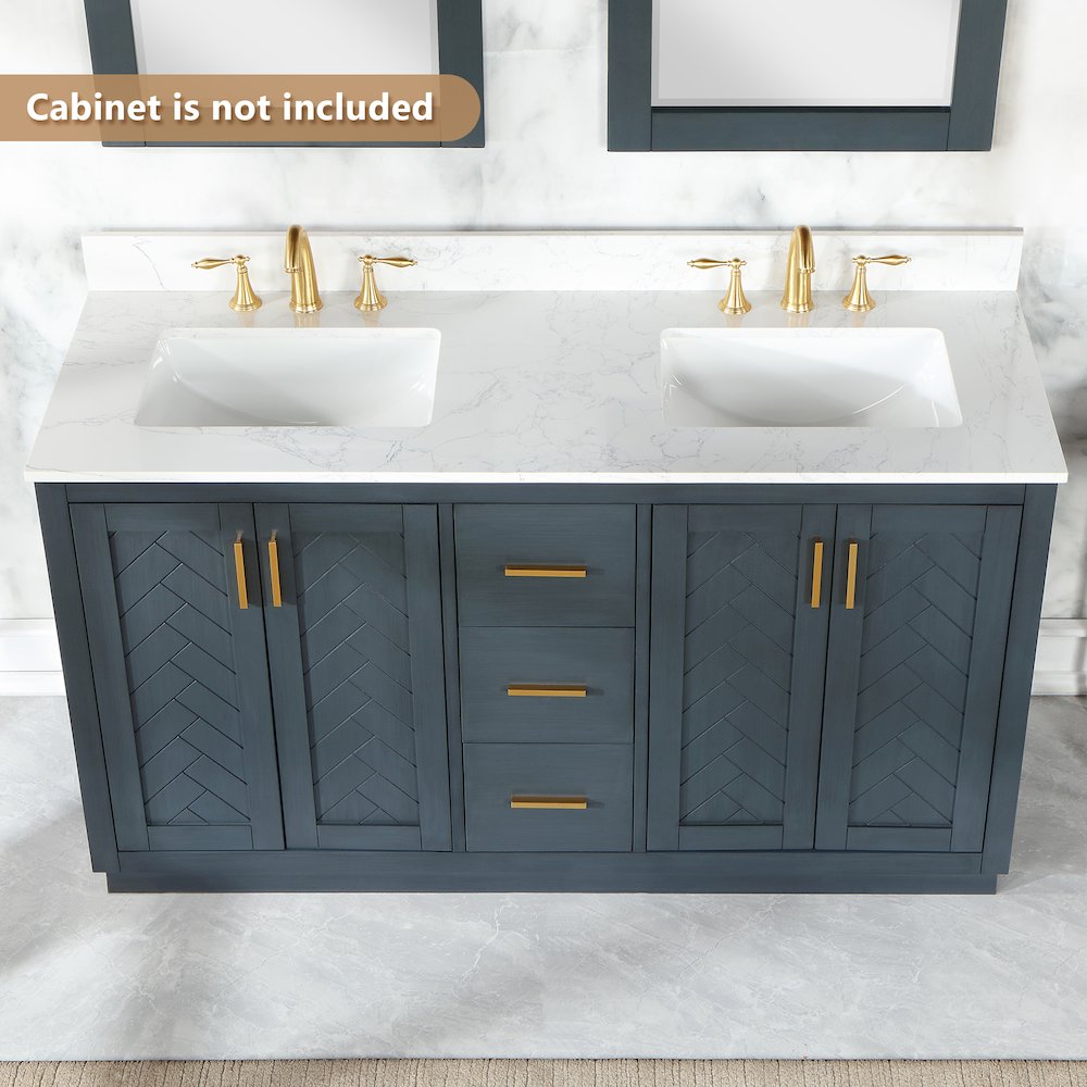 Ceres 61. in Engineered Stone Vanity Top in Grain White with Double White Sink. Picture 4