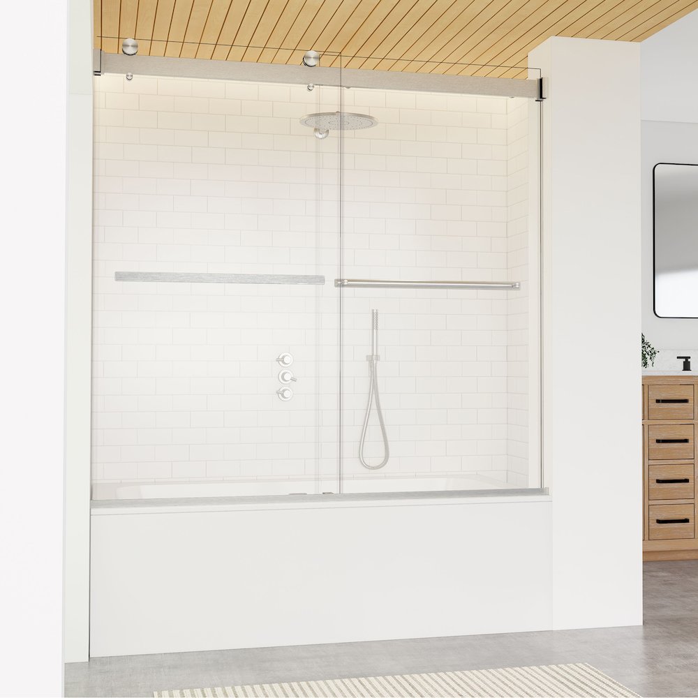 By Pass Frameless Tub Door in Brushed Nickel with Clear Glass. Picture 4