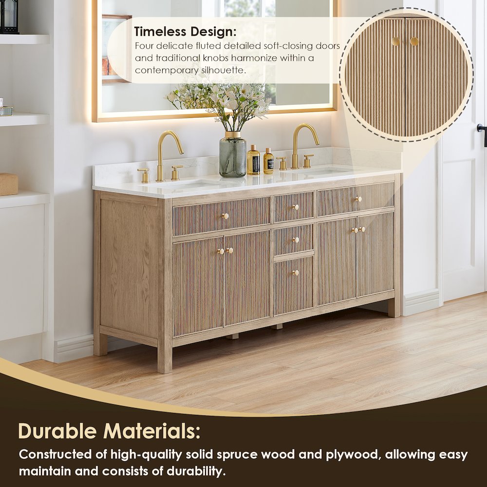 Double Bathroom Vanity in Nature Oak Grain White Engineered Stone Countertop. Picture 6