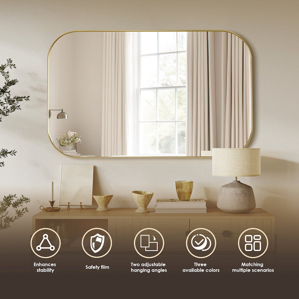 48x30" Rectangular Aluminum Framed in Brushed Gold Modern Bathroom Wall Mirror. Picture 7