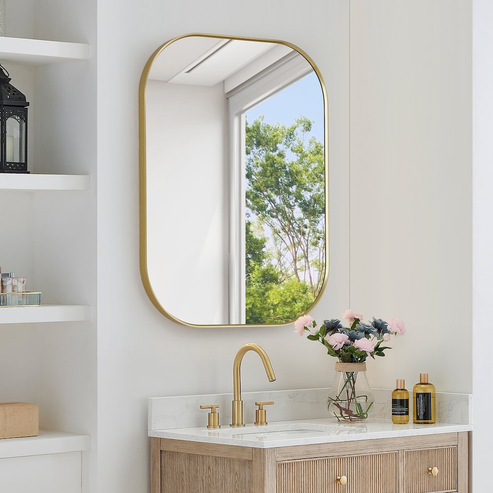 24x32" Rectangular Aluminum Framed in Brushed Gold Modern Bathroom Wall Mirror. Picture 3