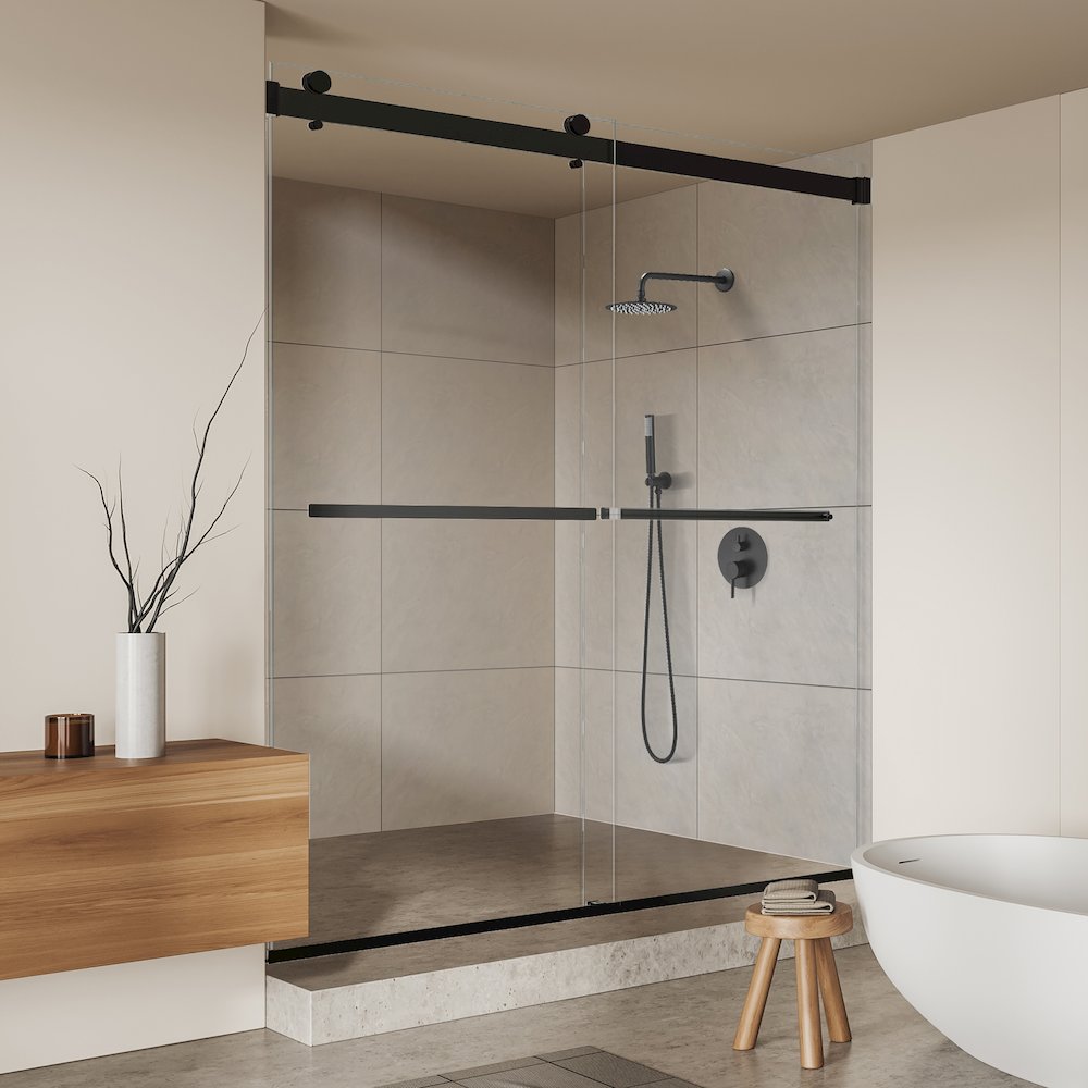 By Pass Frameless Shower Door in Matte Black with Clear Glass. Picture 6