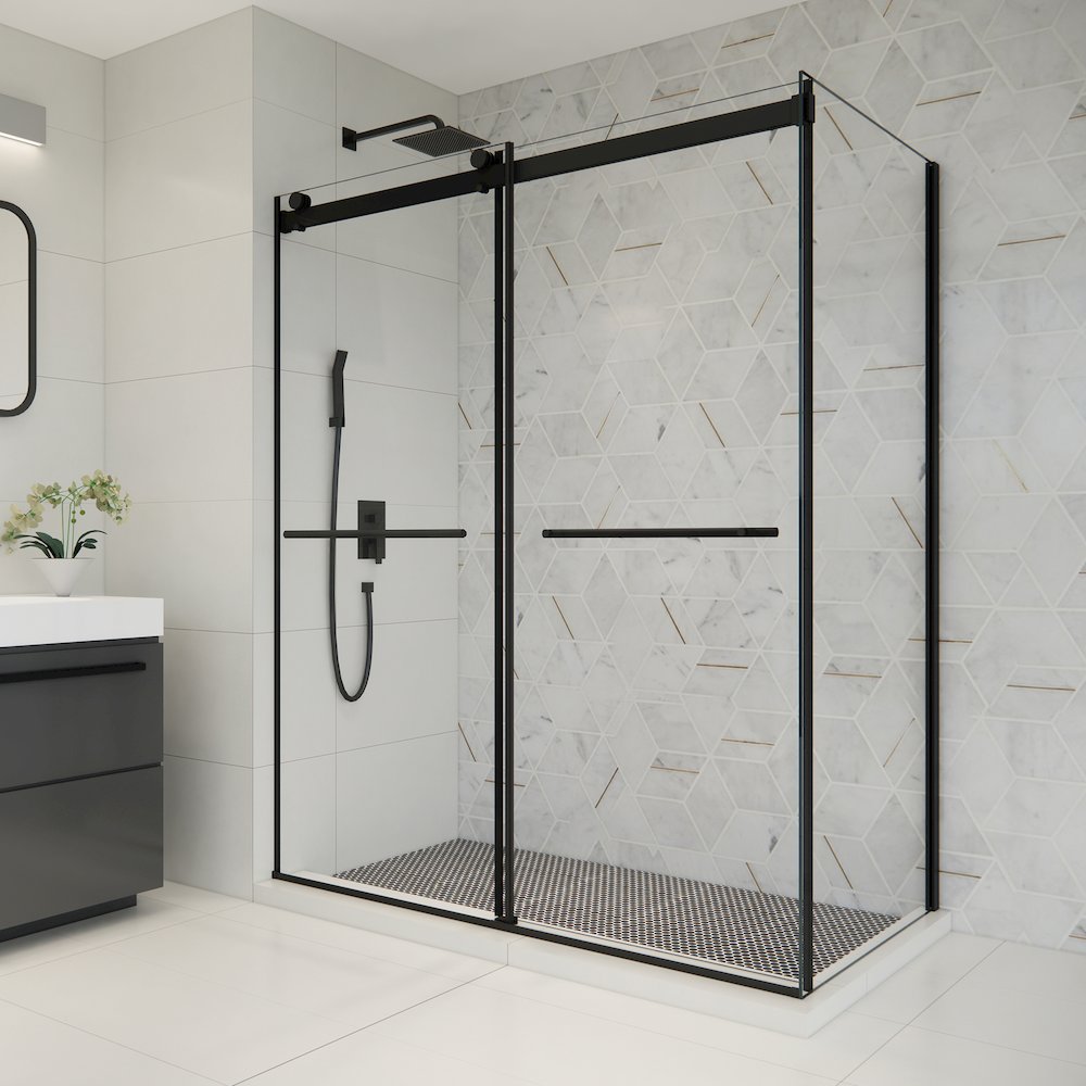 Frameless Exposed Roller Shower Enclosure in Matte Black with Clear Glass. Picture 4