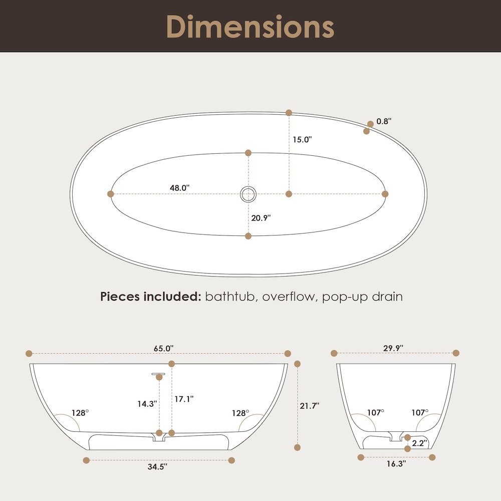 65" x 30" Solid Surface Soaking Bathtub and Integrated Overflow. Picture 22