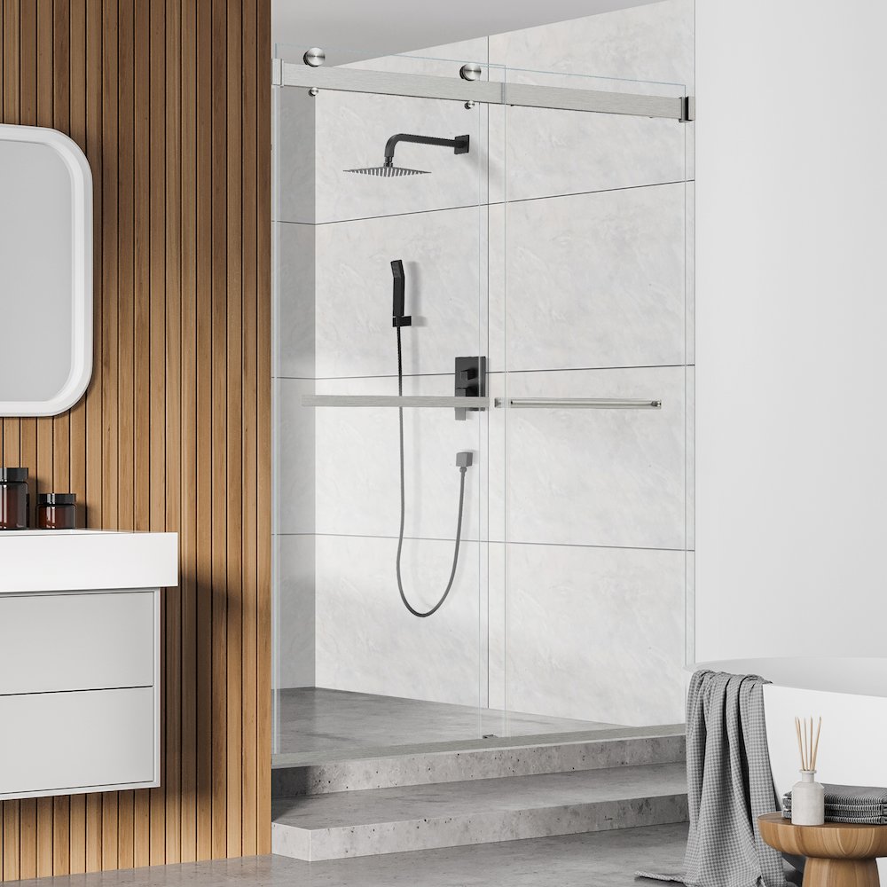 By Pass Frameless Shower Door in Brushed Nickel with Clear Glass. Picture 6