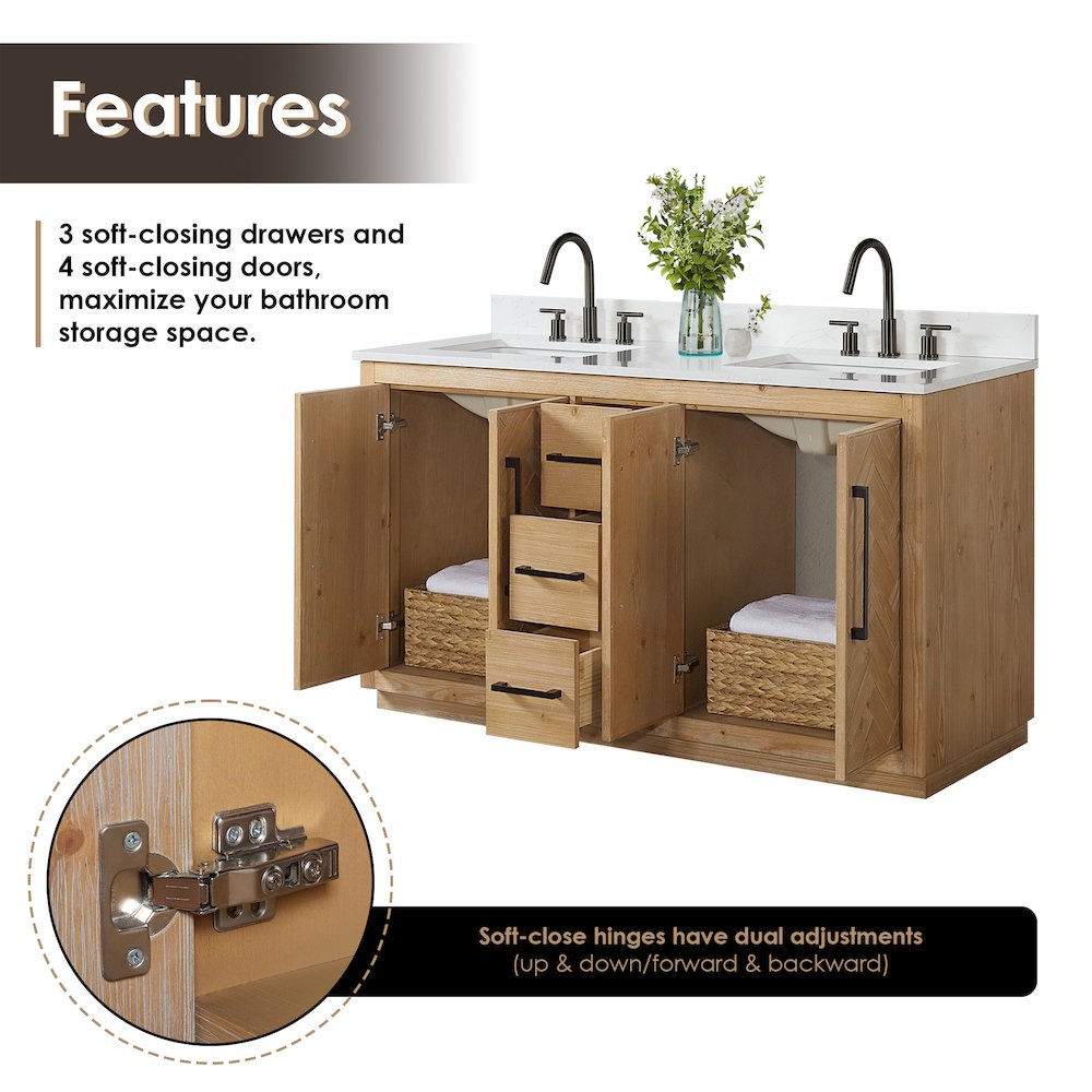 60" Double Bathroom Vanity with Grain White Engineered Stone Countertop. Picture 6