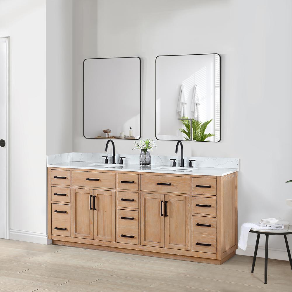 84" Double Bathroom Vanity in Light Brown with Mirror. Picture 5