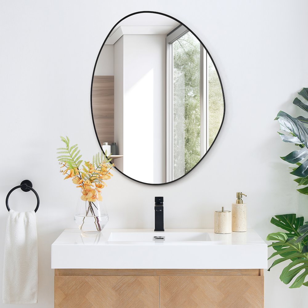 28"x36" Irregular Aluminum Framed in Matte Black Modern Bathroom Wall Mirror. Picture 3