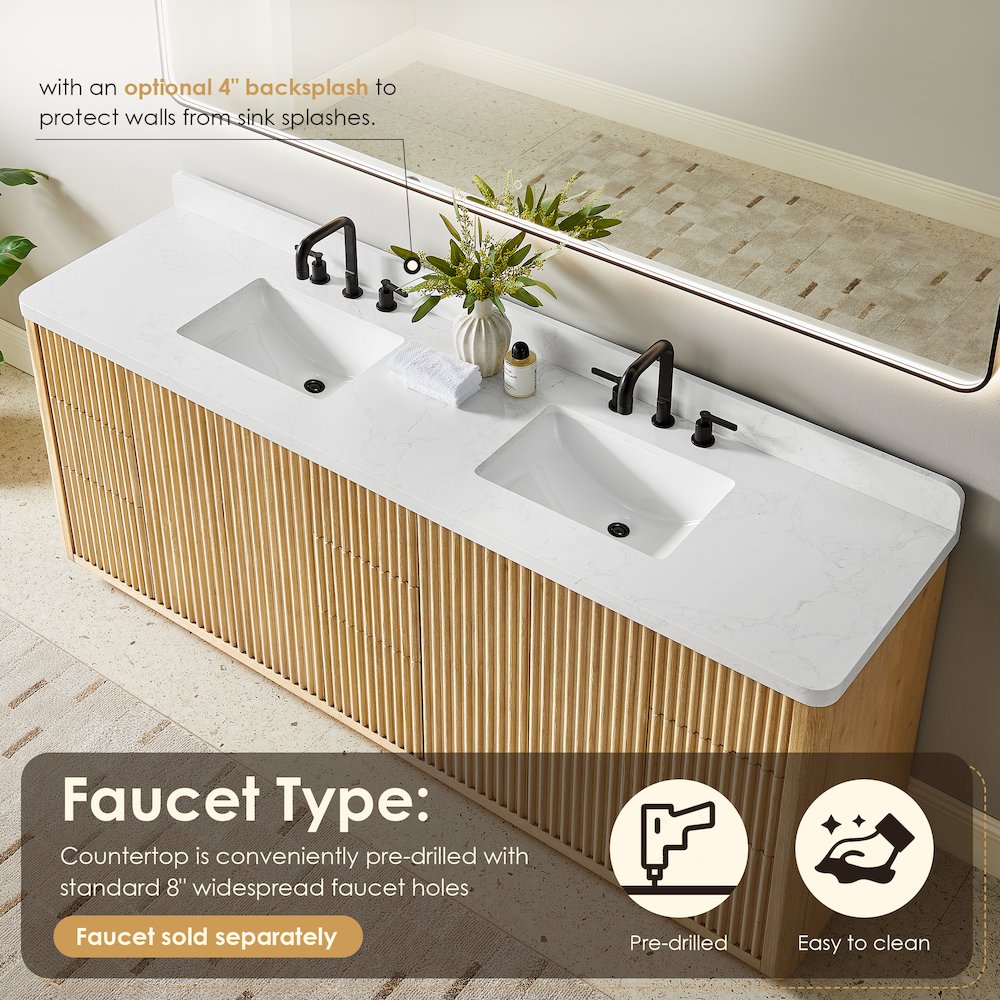 84" Double Bathroom Vanity in Washed Light Brown with Grain White. Picture 8