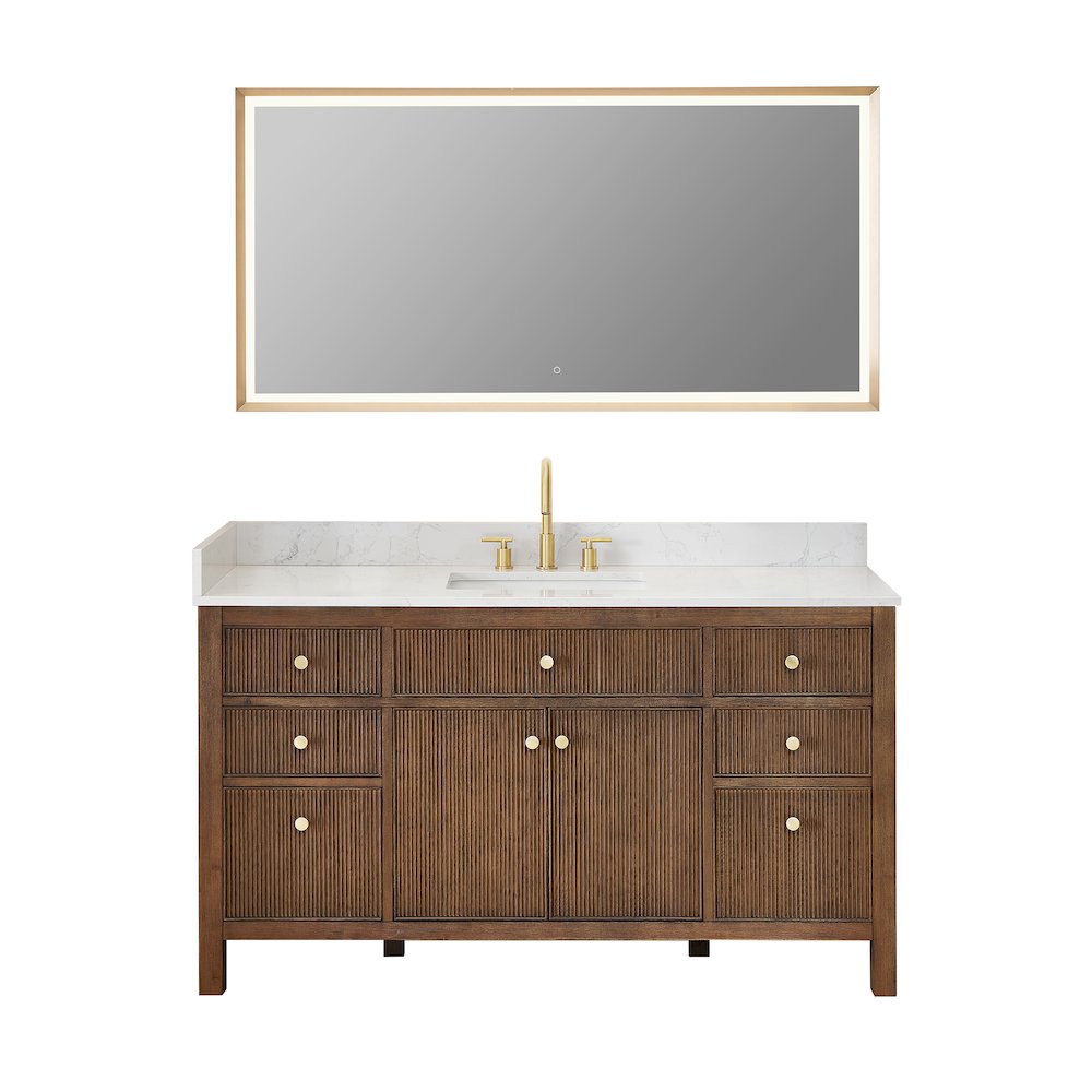 Single Bathroom Vanity in Brown Oak Grain White Engineered Stone Countertop. Picture 1