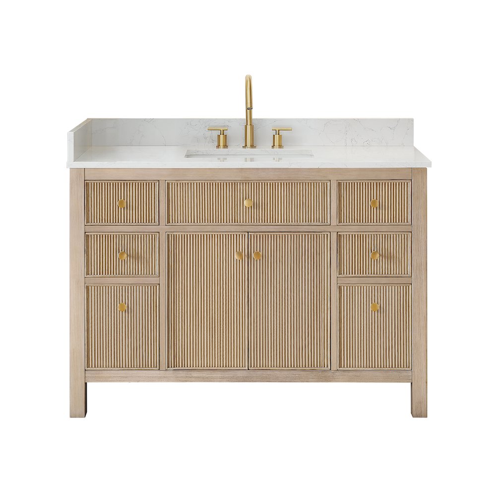 Single Bathroom Vanity in Nature Oak Grain White Engineered Stone Countertop. Picture 1