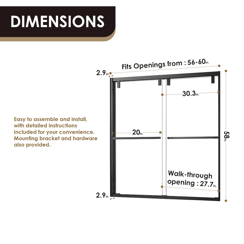 By Pass Semi Frameless Tub Door in Matte Black with Clear Glass. Picture 12