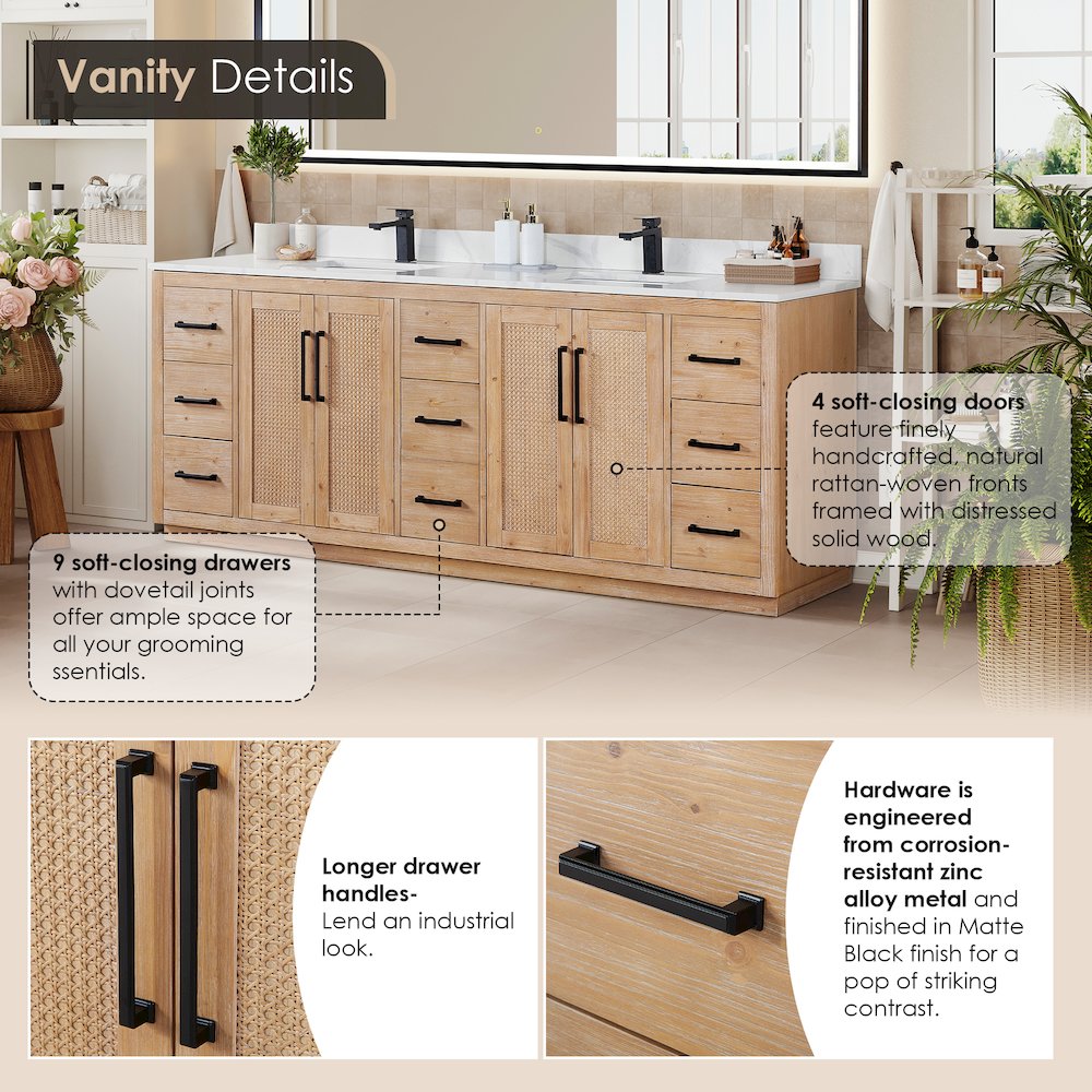 84" Double Bathroom Vanity with Calacatta White Quartz Countertop with Mirror. Picture 8