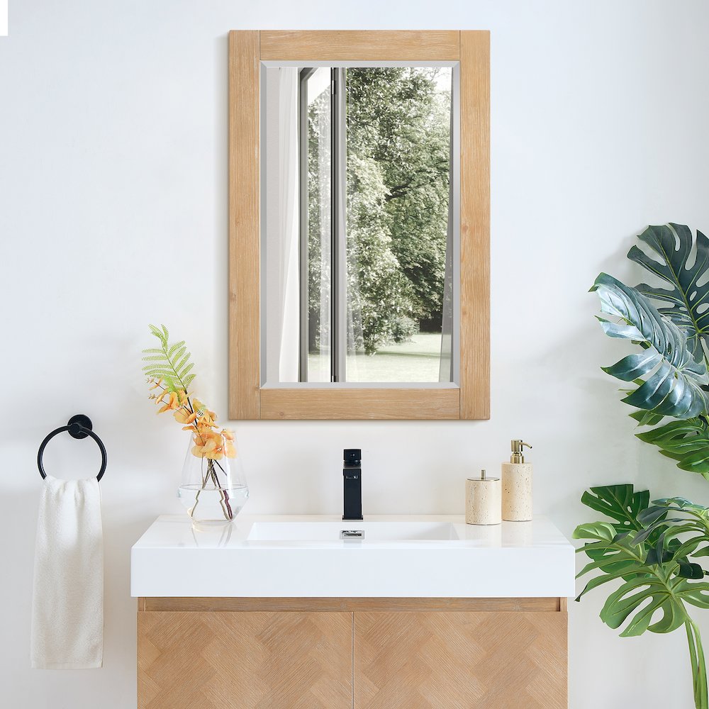 24" Rectangular Bathroom Wood Framed Wall Mirror in Light Brown. Picture 6