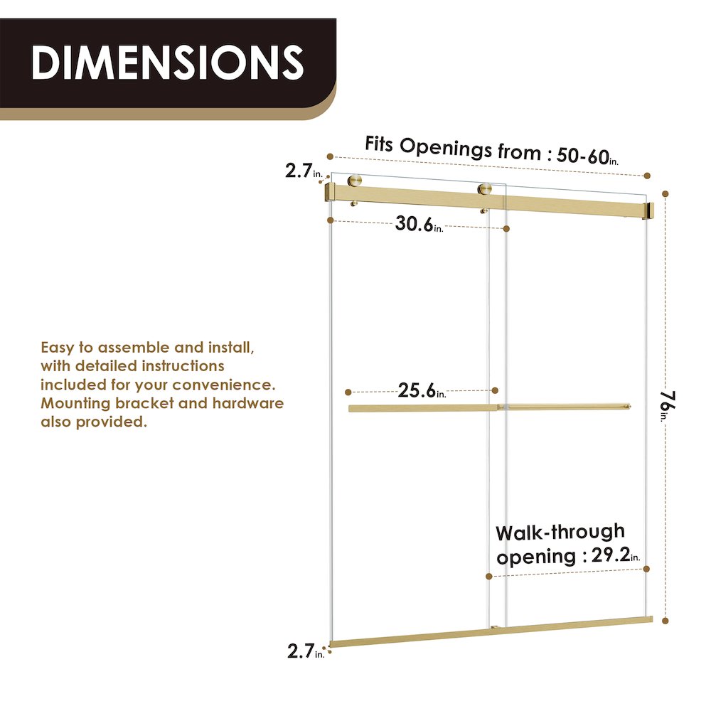 By Pass Frameless Shower Door in Brushed Gold with Clear Glass. Picture 14