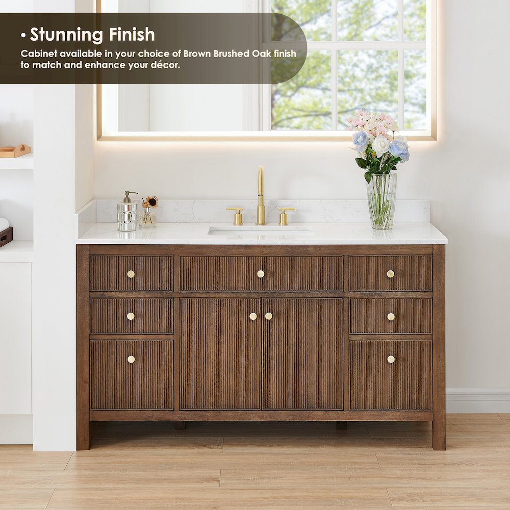 Single Bathroom Vanity in Brown Oak Grain White Engineered Stone Countertop. Picture 9