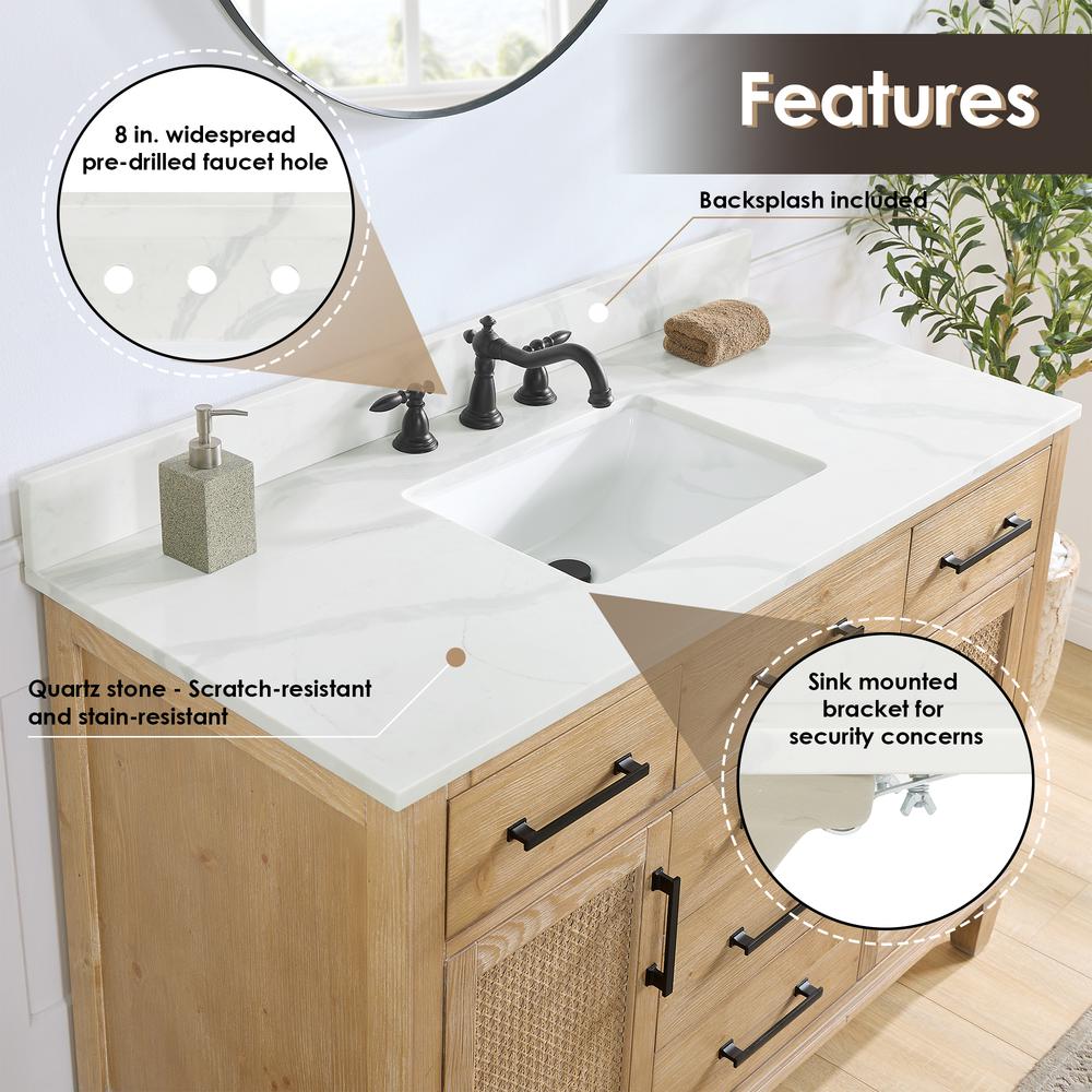 Arbios 48. in Quartz Stone Vanity Top in Calacatta White with White Sink. Picture 6