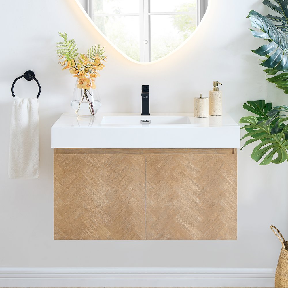 Single Bathroom Vanity in Light Brown White Artificial Drop-in Sink. Picture 3