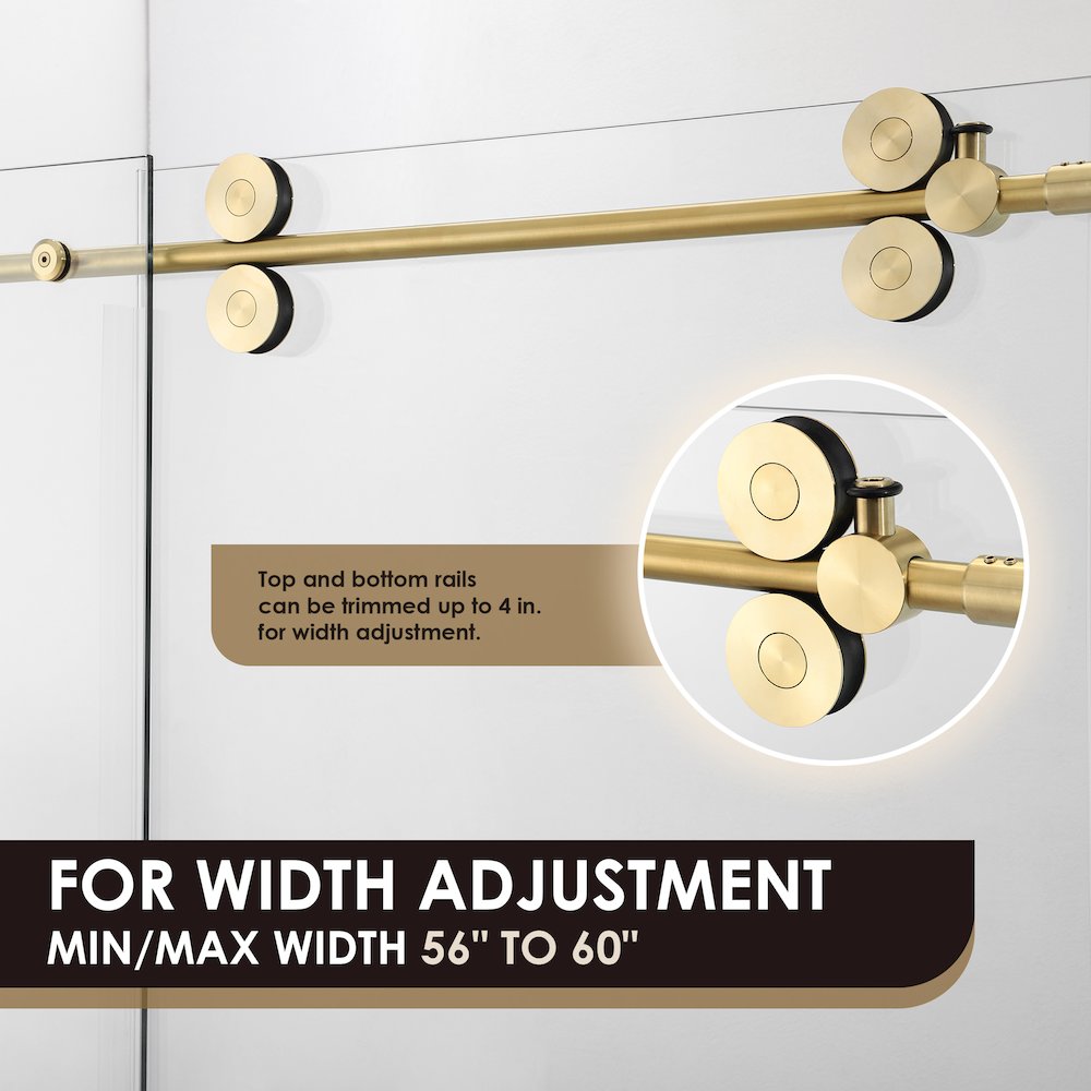 Single Sliding Frameless Shower Door in Brushed Gold with Clear Glass. Picture 8