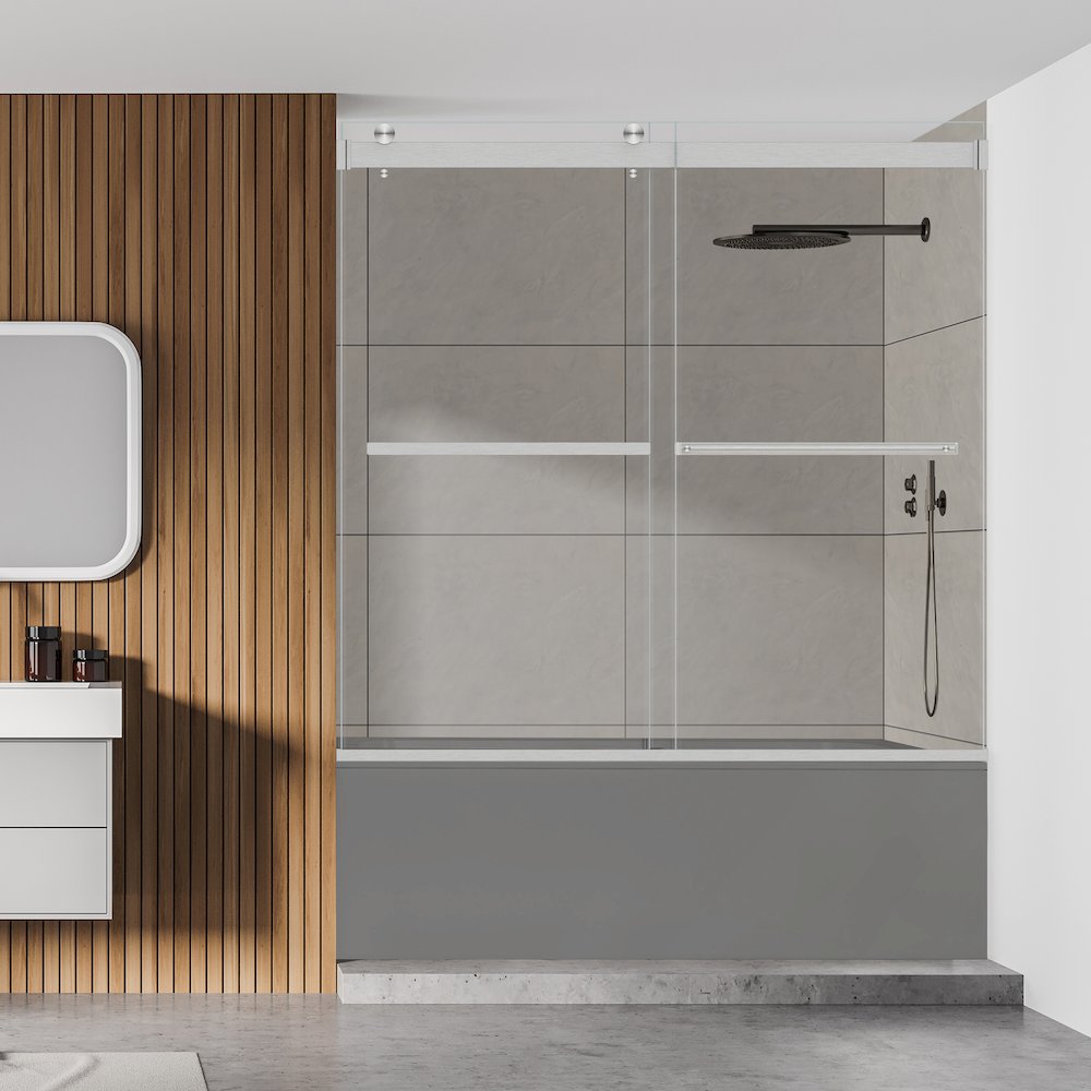 By Pass Frameless Tub Door in Brushed Nickel with Clear Glass. Picture 7