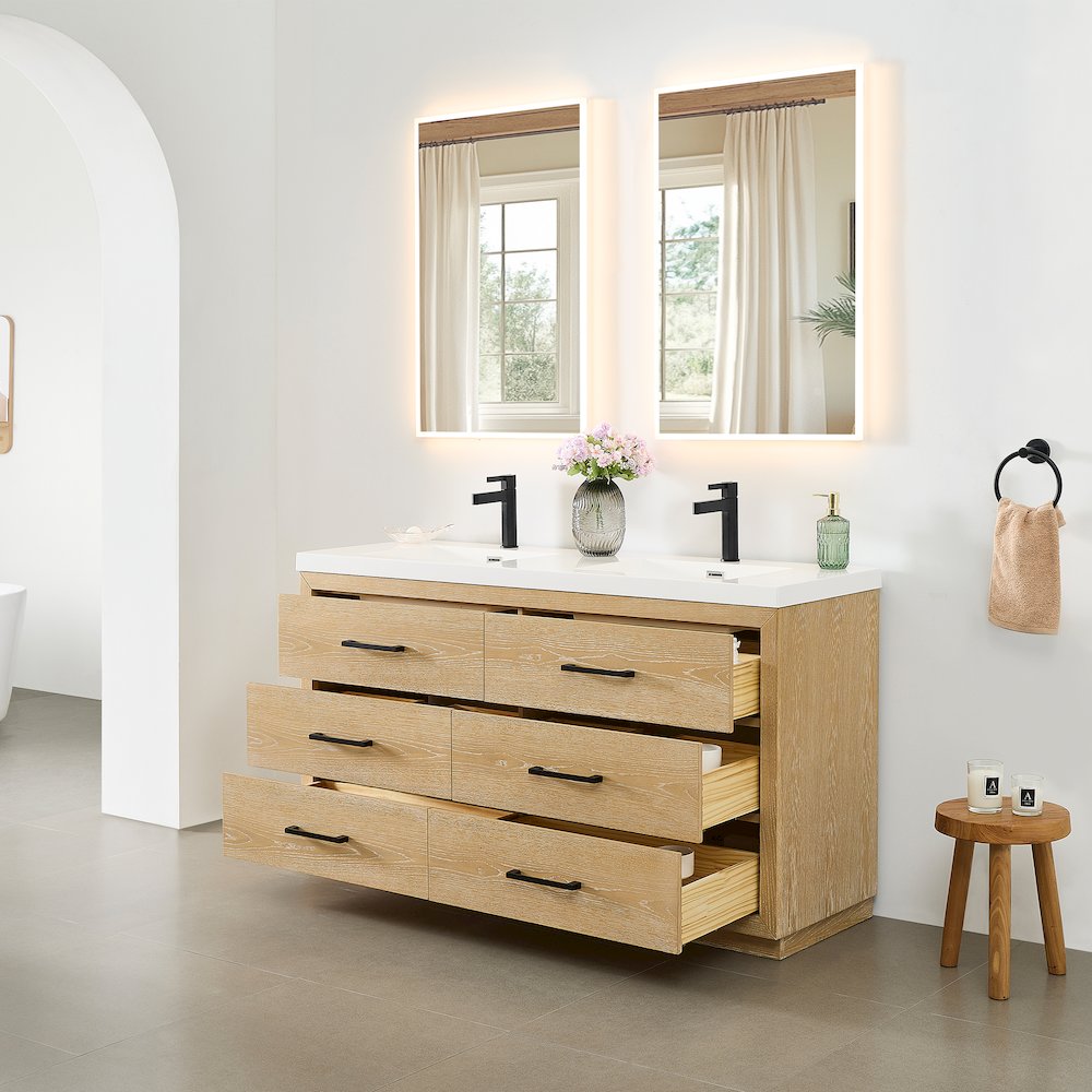 60" Double Bathroom Vanity in White Oak with White Artificial Drop-in Sink. Picture 4