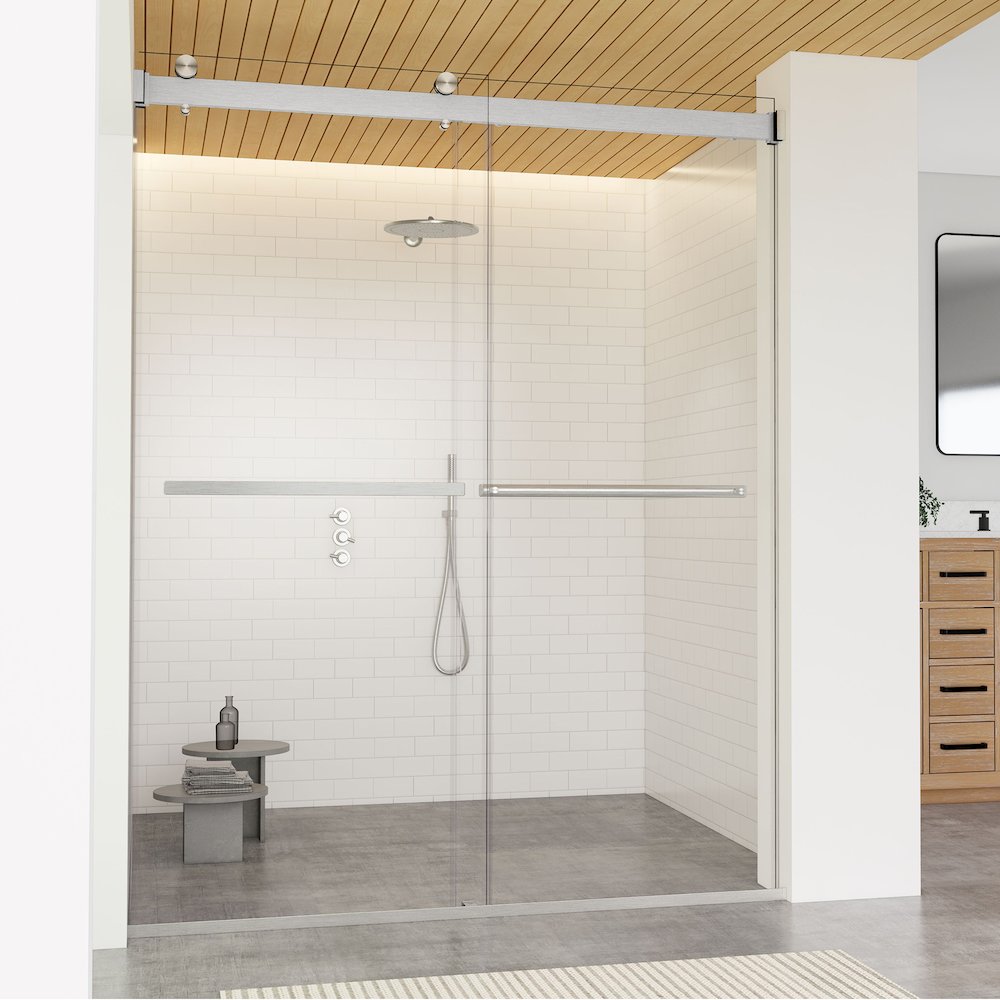 Pass Frameless Shower Door in Brushed Nickel with Clear Glass. Picture 4