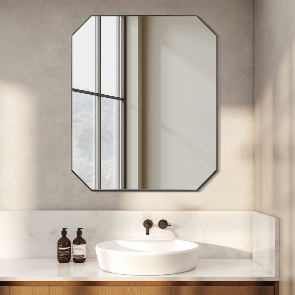 36"x30" Octagon Aluminum Framed in Matte Black Modern Bathroom Wall Mirror. Picture 3