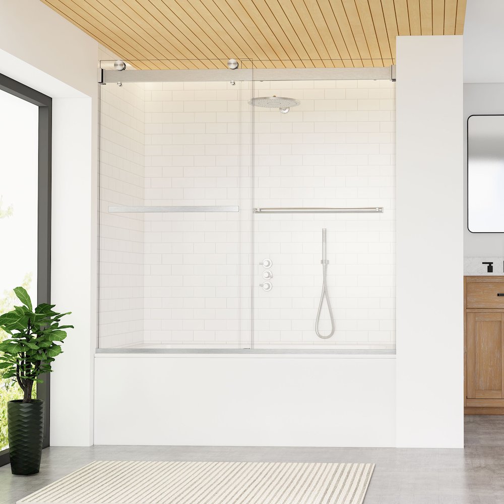 By Pass Frameless Tub Door in Brushed Nickel with Clear Glass. Picture 3
