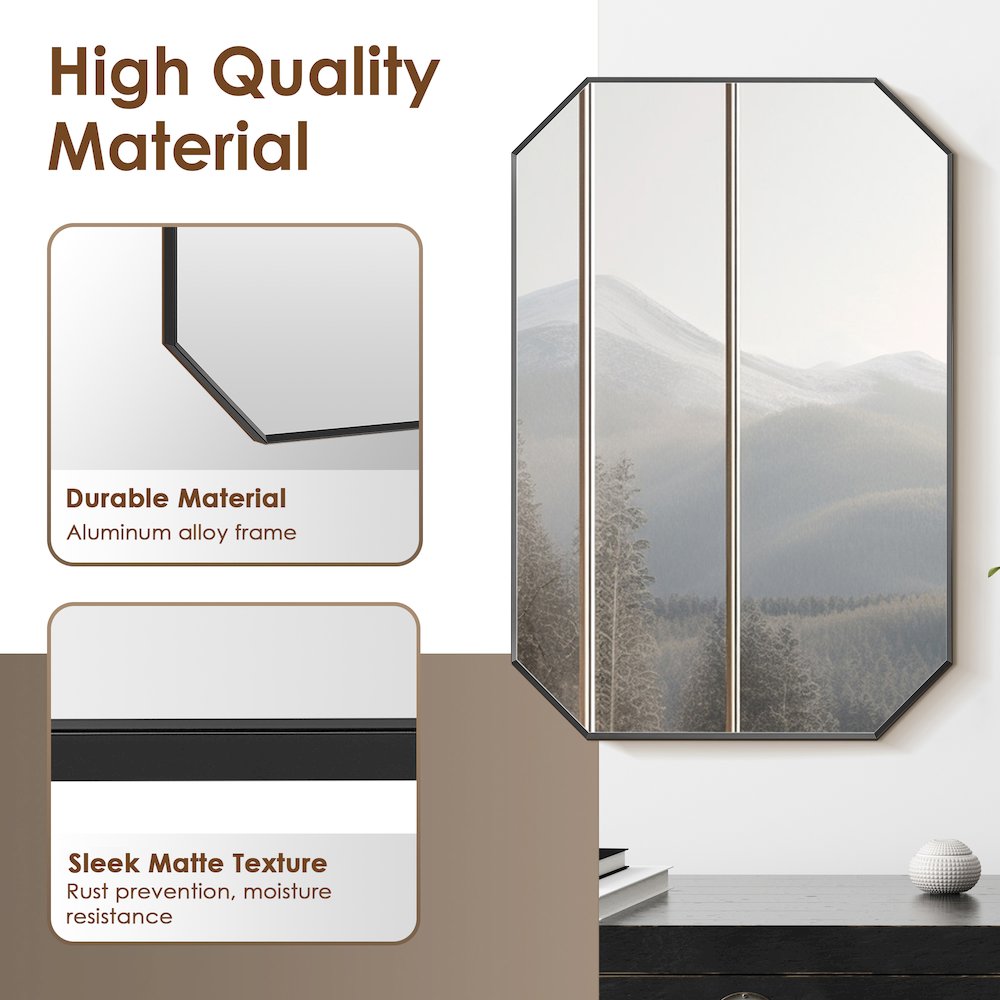 24"x36" Octagon Aluminum Framed in Matte Black Modern Bathroom Wall Mirror. Picture 8