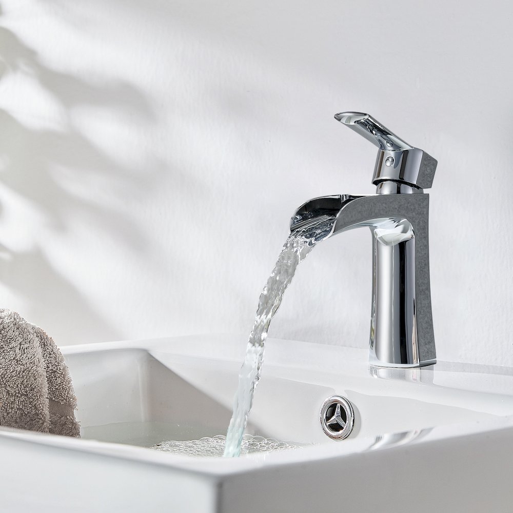 Single Hole Single-Handle Waterfall Bathroom Faucet in Polished Chrome. Picture 7