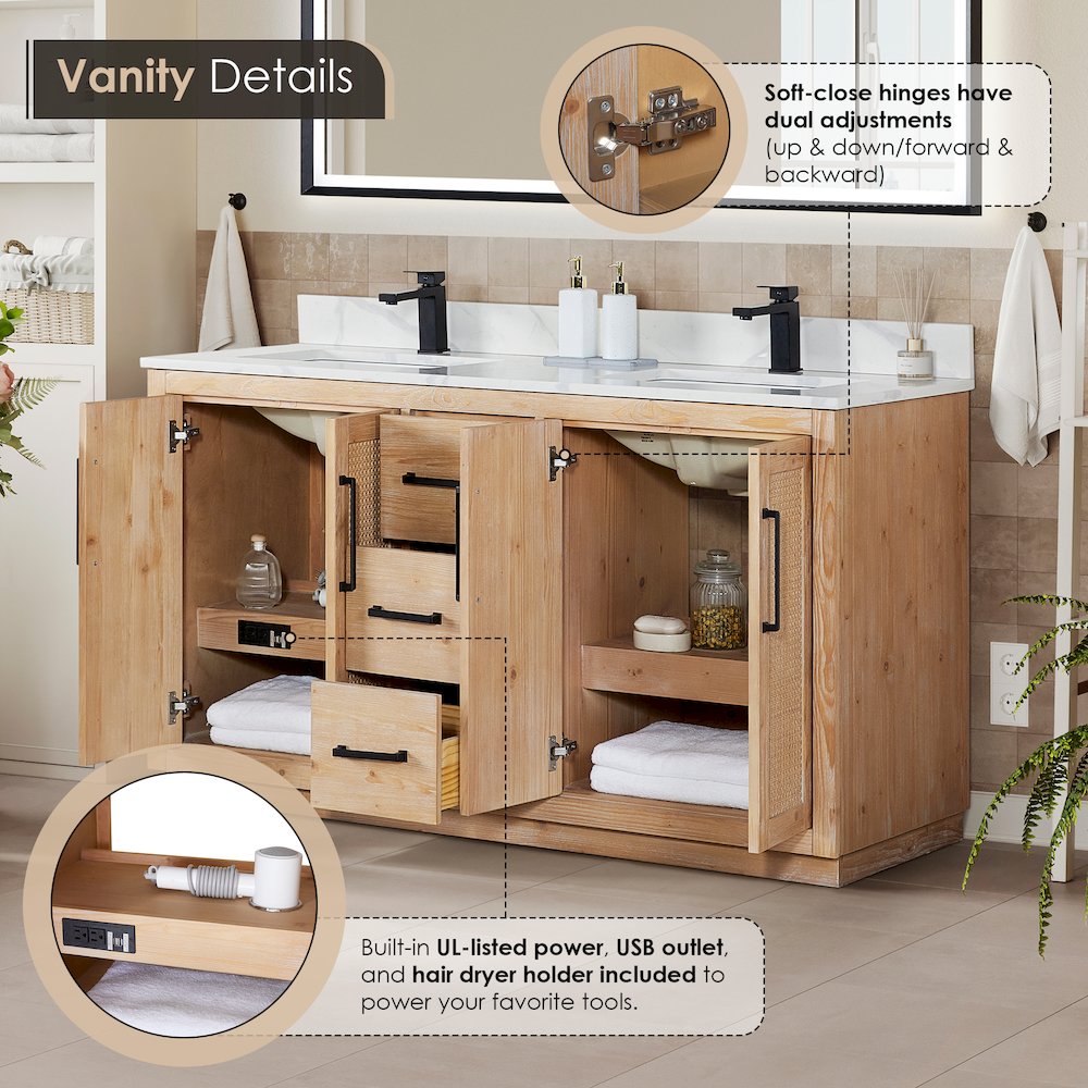 60" Double Bathroom Vanity with Calacatta White Quartz Countertop without Mirror. Picture 9