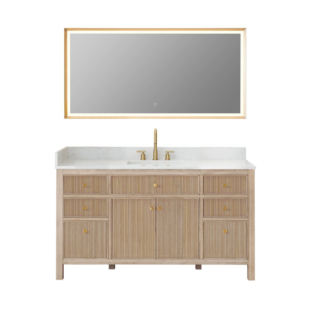 Single Bathroom Vanity in Nature Oak Grain White Engineered Stone Countertop. Picture 1