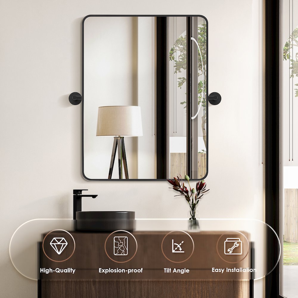 24x32'' Aluminum Framed in Matte Black Modern Bathroom Pivot Wall Mirror. Picture 9