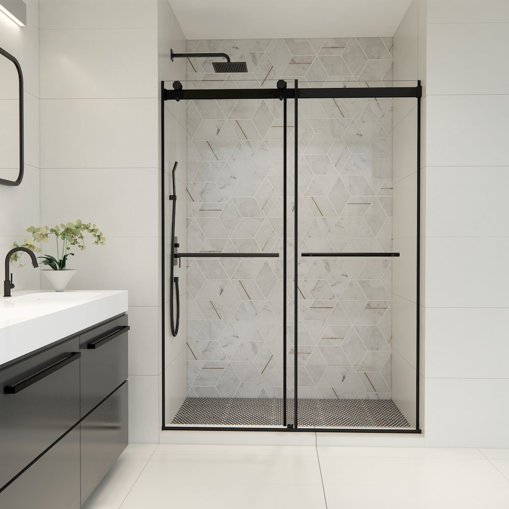 Frameless Exposed Roller Shower Door in Matte Black with Clear Glass. Picture 3