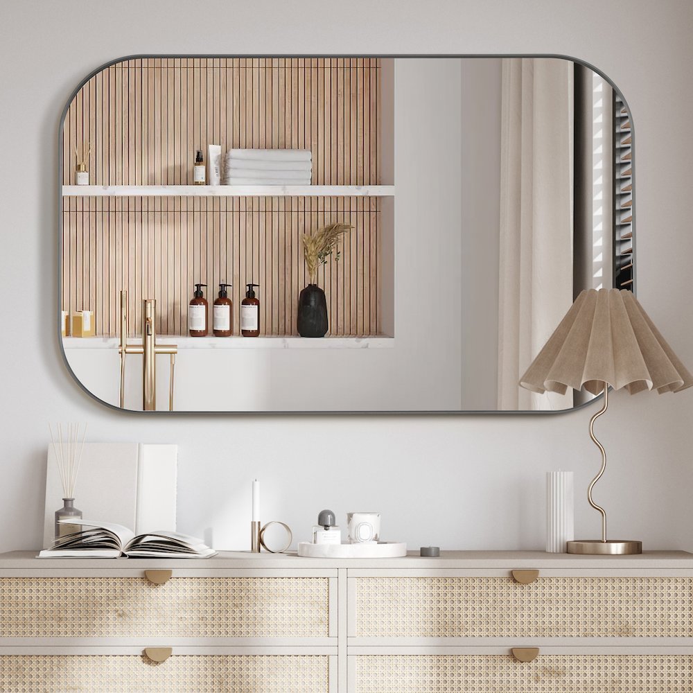 48x30" Rectangular Aluminum Framed in Gunmetal Modern Bathroom Wall Mirror. Picture 5