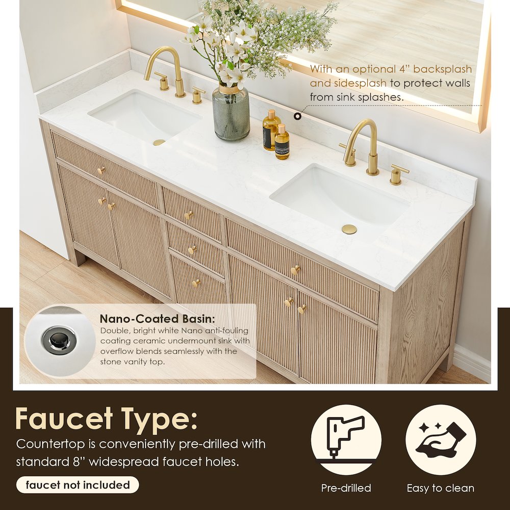 Double Bathroom Vanity in Nature Oak Grain White Engineered Stone Countertop. Picture 7