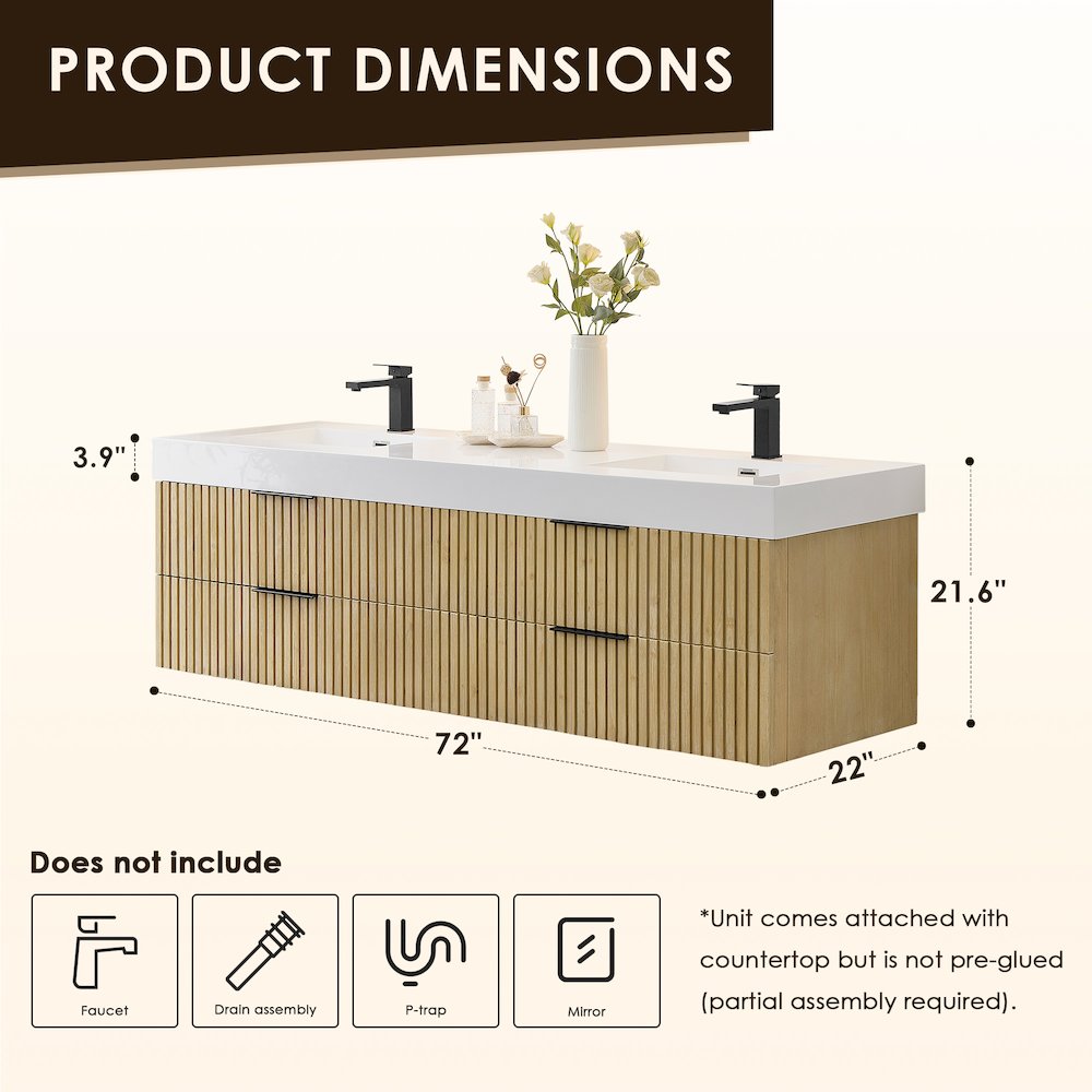 Double Bathroom Vanity in Nature Brown White Artificial Drop-in Sink. Picture 10