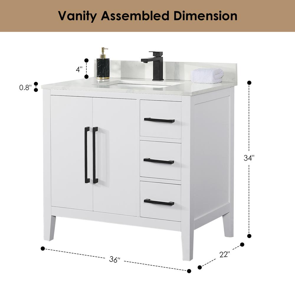 Single Bathroom Vanity in White with Stone Countertop without Mirror. Picture 11