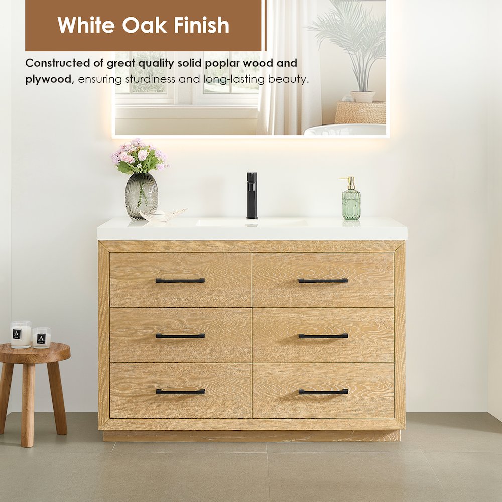 48" Single Bathroom Vanity in White Oak with White Artificial Drop-in Sink. Picture 8