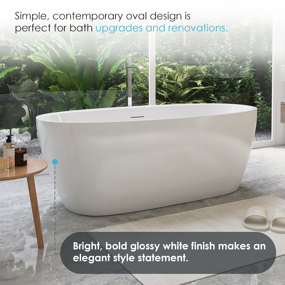 59" x 32" Flatbottom Freestanding Acrylic Soaking Bathtub in Glossy White. Picture 9